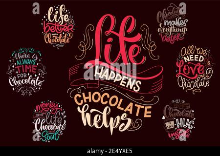 Chocolate hand lettering quotes set. Warm Christmas winter word composition. Vector design elements for t-shirts, posters, cards, stickers and menu Stock Vector