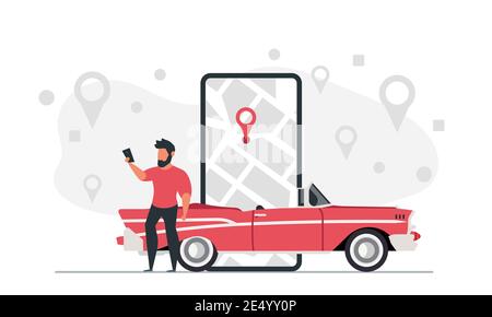 A man city driver uses a navigator on his phone to get to his destination by car. Driver work difficulty concept vector illustration Stock Vector