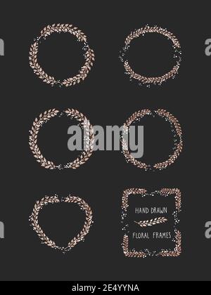 Vector set of floral hand drawn frame on black background. Decorative wreaths collection. Gold and white elements. Stock Vector