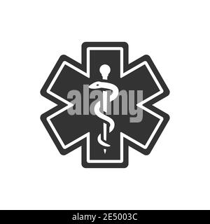 First aid, medical emergency vector symbol. Rod of asclepius or aesculapius with snake, ems icon. Stock Vector