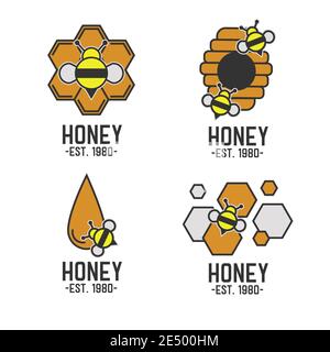 Honey logo flat style with bee isolated on white. Nature logo icon food design. Set organic yellow sweet honey logotype with honeycomb and little bee Stock Vector