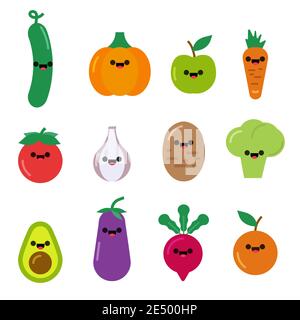 Collection of nice vegetable cartoon cute character. Kawaii funny food vegetable set isolated white. Funny smile organic character cute Stock Vector