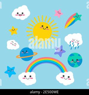 Hand drawn kawaii sky characters collection - start , Earth , planet, cloud, rainbow. Cute cartoon kawaii happy character. Funny kids design hand draw Stock Vector