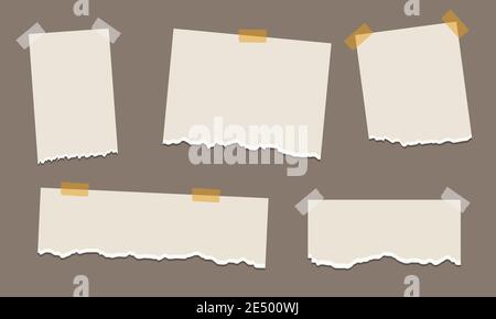 Pack of torn paper of various shapes with a plaster. Torn white paper with sharp tear set. Scrap sheet collection isolated. Ripped note with empty spa Stock Vector