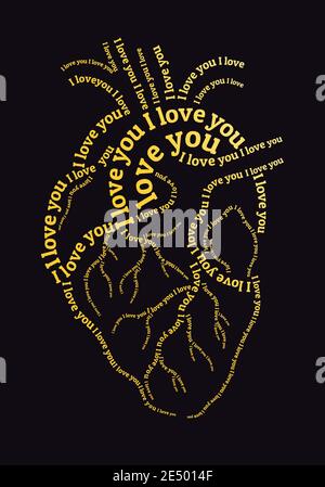Gold human heart with I love you text, vector illustration for Valentine's day cards Stock Vector