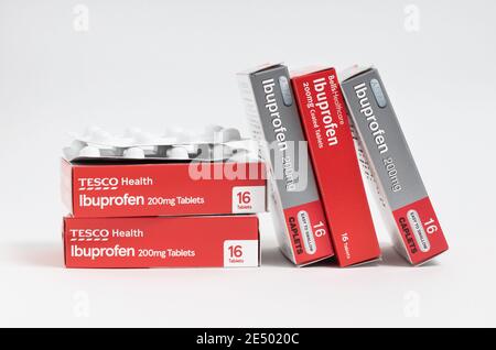 London / UK - January 23rd 2021 - Ibuprofen packets, stacked against a white background Stock Photo