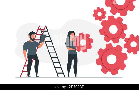 Organization of business with people together. Man and woman planning and doing business team concept vector illustration with gear Stock Vector