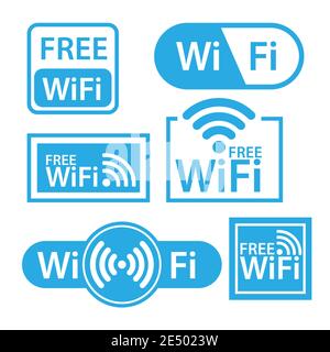 White and blue wifi stickers in flat design isolated. Free internet wifi zone label. Web wireless area public hotspot free internet vector illustratio Stock Vector