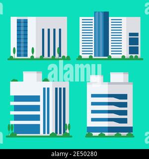 Collection of office modern building icons. Business buildings logos for office work isolated architecture set. White skyscrapers commercial buildings Stock Vector