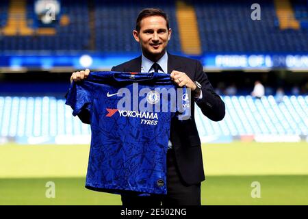 London, UK. 25th Jan, 2021. FILE PHOTO .Chelsea head coach Frank Lampard pictured as he was announced as the new manager/head coach of Chelsea FC at a press conference at Stamford Bridge in London on Thursday 4th July 2019. this image may only be used for Editorial purposes. Editorial use only, license required for commercial use. No use in betting, games or a single club/league/player publications. pic by Steffan Bowen/ Credit: Andrew Orchard sports photography/Alamy Live News Stock Photo