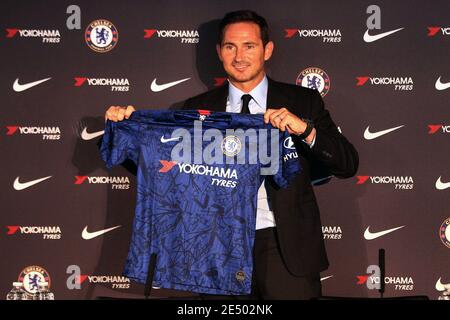 London, UK. 04th July, 2019. FILE PHOTO .Chelsea head coach Frank Lampard pictured as he was announced as the new manager/head coach of Chelsea FC at a press conference at Stamford Bridge in London on Thursday 4th July 2019. this image may only be used for Editorial purposes. Editorial use only, license required for commercial use. No use in betting, games or a single club/league/player publications. pic by Steffan Bowen/ Credit: Andrew Orchard sports photography/Alamy Live News Stock Photo