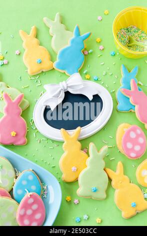Cute sugar cookies in shape of bunnies for Easter Stock Photo