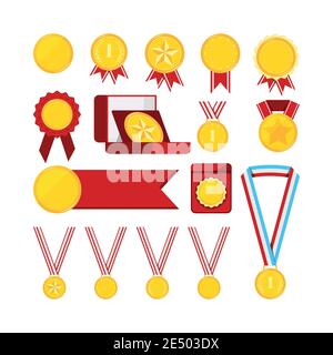 Gold medals with red ribbon set isolated on white background. Stock Vector