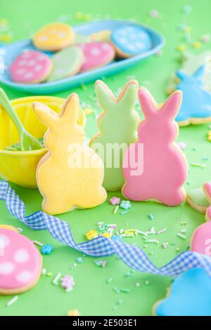 Cute sugar cookies in shape of bunnies for Easter Stock Photo