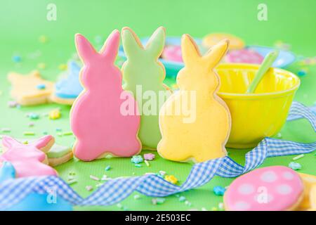 Cute sugar cookies in shape of bunnies for Easter Stock Photo