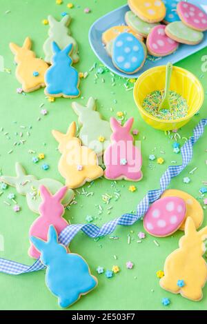 Cute sugar cookies in shape of bunnies for Easter Stock Photo