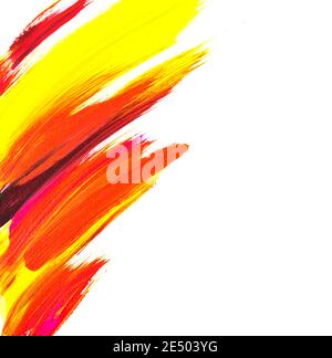 Acrylic brush strokes of vivid yellow, red, purple colors. Abstract background. Painting on canvas. Handmade, hand drawn. Fine art, artwork. Modern. Stock Photo