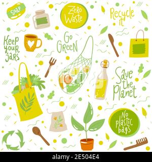 Seamless pattern background with ecological symbols and lettering Stock Vector