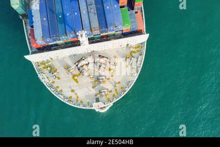Aerial view of the bow of a container ship below passing through the Lamma shipping channel, passing Hong Kong island enroute to the cargo terminal. The Port of Hong Kong, is a deepwater seaport dominated by trade in containerised manufactured products, and to a lesser extent raw materials and passengers. A key factor in the economic development of Hong Kong, the deep waters of Victoria Harbour provide ideal conditions for berthing and the handling of all types of vessels. It is one of the busiest ports worldwide in categories of shipping movement, cargo and passengers. © Time-Snaps