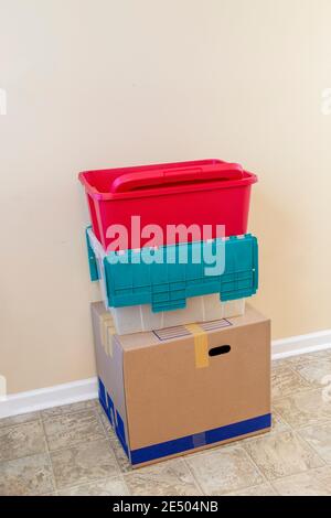 Vertical shot of residential storage containers in a stack. Stock Photo