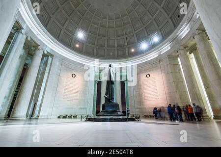 WASHINGTON DC - APRIL 7, 2015: The bronze statue inside the Jefferson Memorial. Thomas Jefferson was a founding father of the United States and served