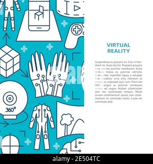 Virtual reality concept banner in line style with place for text. Modern computer technology symbols background. Vector illustration. Stock Vector
