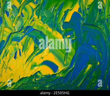 Abstract irregular background. Painted trowel texture. Acrylic yellow, blue, green colors on canvas. Handmade, hand drawn. Fine art, artwork. Modern. Stock Photo