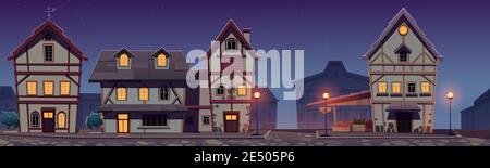 Medieval german night street with half-timbered houses. Traditional european buildings in old town. Fachwerk cottages and grocery market cityscape with paving stone road, Cartoon vector illustration Stock Vector