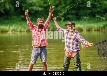 Summer vacation. Happy cheerful people. Fisherman with fishing