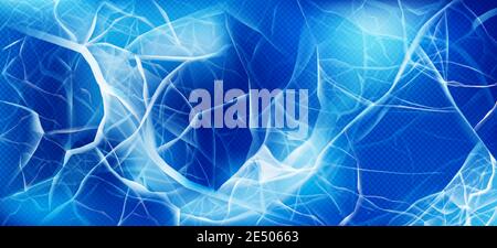 Cracked ice top view, transparent frozen water surface texture, abstract blue background with random cracks. Cold winter season river, pond, lake or sea frosty pattern, Cartoon illustration, backdrop Stock Vector