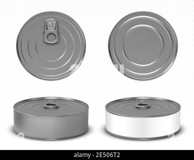 Round metal tin can for pet food, meat or fish isolated on white background. Vector realistic mockup of blank aluminum container with ring pull on lid and white label in front, top and bottom view Stock Vector