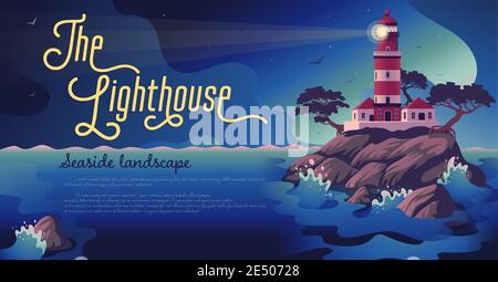 Lighthouse - vector landscape. Sea landscape with beacon on the cliff. Vector horizontal illustration in flat cartoon style. Stock Vector