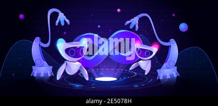 Artificial intelligence robots and cyborg arms at hud neon glowing technological background with infinity symbol. Futuristic ai concept, devops, robotics and automation, Cartoon Vector Illustration Stock Vector
