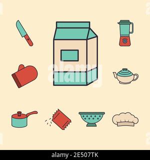 bundle of nine kitchen utensils set line and colors style vector illustration design Stock Vector