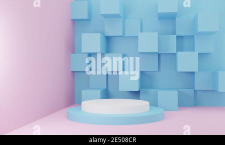 3D render of a podium in soft tones of blue and white for product presentation against a background of geometric shapes. Illustration of a digital ima Stock Photo