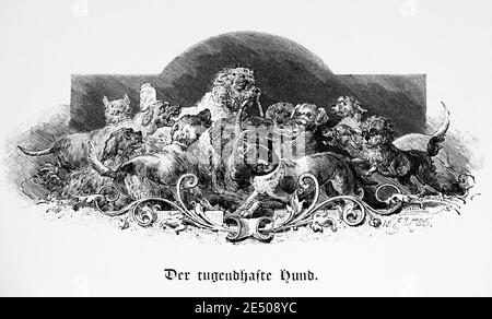 Frontispiece iIllustration to Heine´s sartirical poem 'Der tugendhafte Hund' or The virtous Dog German poet Heinrich Heine, collection Romancero, 1880 Stock Photo