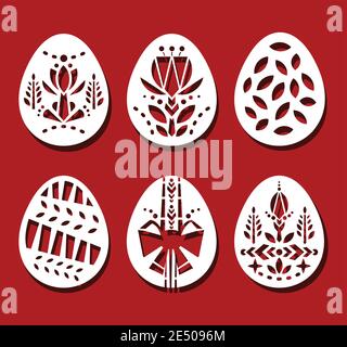 Easter eggs set. White geometry ornamental flower eggs for laser cutting on red background. Icons for greeting card. Vector illustration Stock Vector