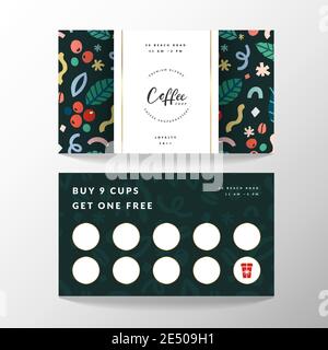 Coffee card, loyalty card for coffee shop with place for collecting stamps, vector template with logo and doodle illustrations, modern simple design Stock Vector