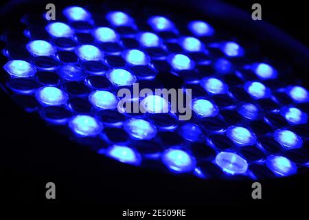 LED PAR Light background,Close up of LED lighting equipment, LED forstage professional lighting device colored. Led lights for disco. Stock Photo