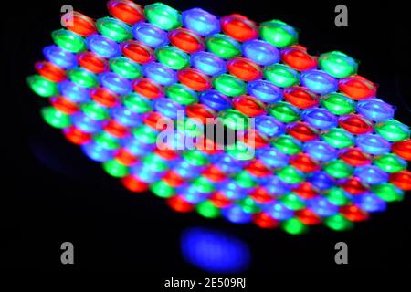 LED PAR Light background,Close up of LED lighting equipment, LED forstage professional lighting device colored. Led lights for disco. Stock Photo