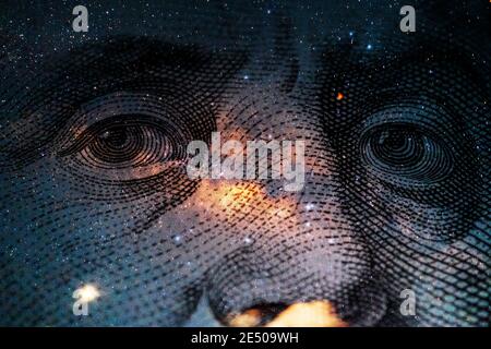 Detail of Benjamin Franklin on 100 Dollar BIll Stock Photo