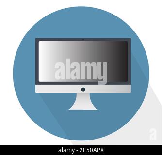 Flat Computer in a Blue Circle. White Background.  Stock Vector