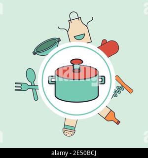 pot kitchen and set utensils line and colors style icons vector illustration design Stock Vector