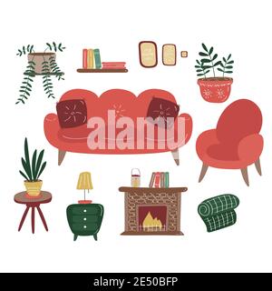 Sofa chair-fireplace, coffee table, bookshelf, table, blanket, houseplants. Interior elements set. Details of cozy home. Flat hand drawn vector Stock Vector