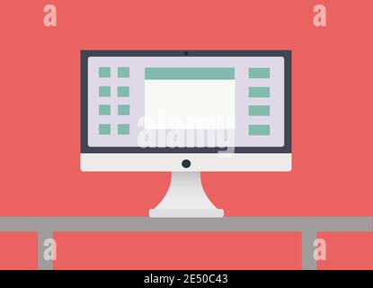 White Laptop with Workplace on Pink Background. Stock Vector