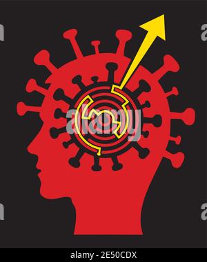 Escape from depression and stress in  coronavirus pandemic time, maze concept. Illustration of stylized male Head coronavirus silhouette with labyrint Stock Vector