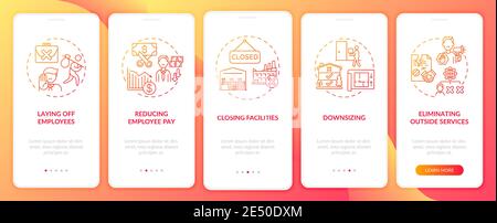 Cost cutting measures onboarding mobile app page screen with concepts Stock Vector