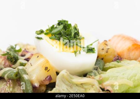Fried salmon pieces with a vegetable garnish. Close-up. There is a space for a text. Stock Photo