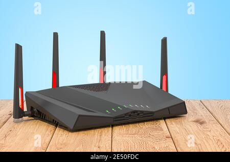 Wireless internet router on the wooden planks, 3D rendering Stock Photo