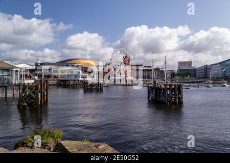 Cardiff Bay is located in the south of Cardiff, the capital of Wales. Stock Photo